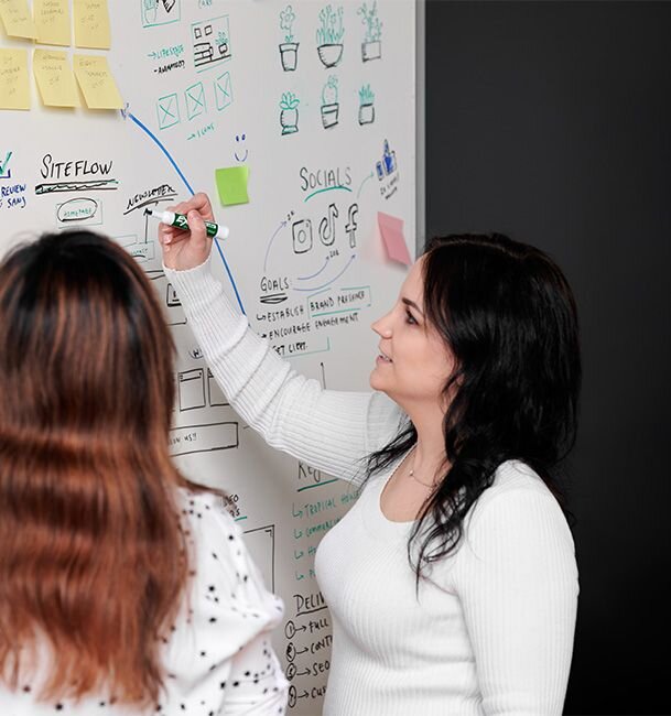 REM team members brainstorming on white board.